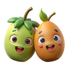 Two happy cartoon fruits with smiling faces isolated on transparent background