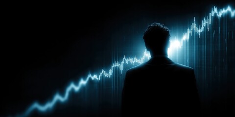 Image of a young businessman standing with his back turned, holding a stock chart line with a blue glow in his hands