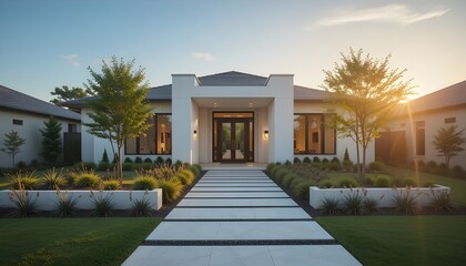 A tranquil residential entryway with a modern aesthetic, featuring sleek lines, minimalist architecture, and elegant landscaping that's meticulously manicured during the golden hour of daylight in a s