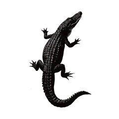 Fototapeta premium A silhouette of a crocodile is depicted climbing on a surface, showcasing intricate scales and a strong posture. The design emphasizes the creature distinctive features in a bold visual style.