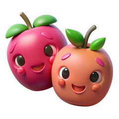 Two cute cartoon apples with happy faces isolated on transparent background