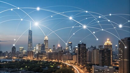 Fototapeta premium City skyline with digital connectivity network at dusk
