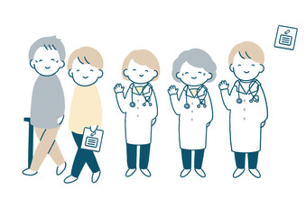 杖をつく男性と手を振るお医者さんのイラストセット