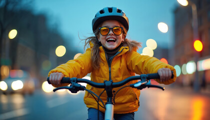 Joyful girl in yellow jacket and helmet rides bicycle through city streets at dusk. Blurred city lights and bokeh create a dynamic atmosphere, showing active urban commute and childhood freedom.