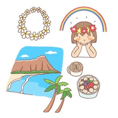 ハワイの風景と南の島のイラストセット
