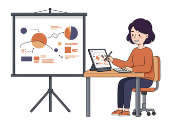 Confident professional analyzing data and presenting business strategy on interactive tablet and whiteboard