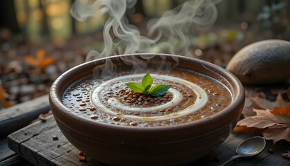A warm and inviting bowl of creamy red lentil soup, garnished with a dollop of rich coconut cream and a sprinkle of fragrant fresh mint leaves, sits atop a worn terracotta plate on a rustic wooden tab