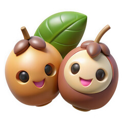 Two cute cartoon mangosteens with happy faces and a green leaf isolated on transparent background