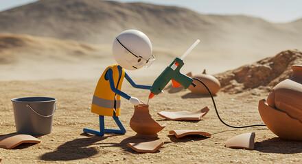 Cartoon figure restoring ancient pottery with a glue gun in a desert setting, archaeological restoration concept