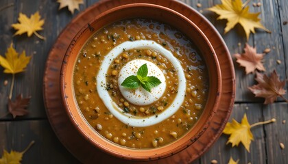 A warm and inviting bowl of creamy red lentil soup, garnished with a dollop of rich coconut cream and a sprinkle of fragrant fresh mint leaves, sits atop a worn terracotta plate on a rustic wooden tab
