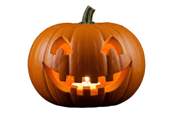 Isolated smiling jack o' lantern with candle burning inside for Halloween holiday