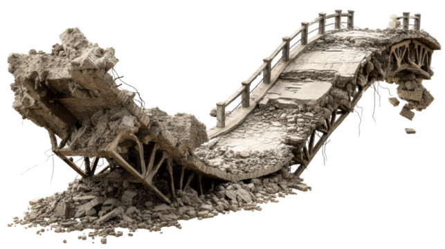 Completely Destroyed Concrete Bridge Structure with Broken Railings and Debris, cut out transparent