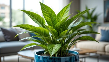 close-up image of a vibrant green calathea plant with striking striped foliage, placed in a beautiful blue ceramic pot, photographed in a realistic style to capture the plant's textures and colors, se