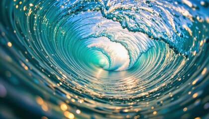 Immersive ocean wave barrel, viewer's perspective inside a curling turquoise wave