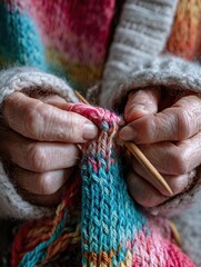 Close-up of senior hands knitting a vibrant, colorful scarf with wooden needles, showcasing a cozy and creative handmade craft