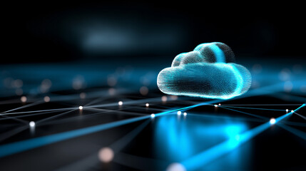 A laptop on a desk displays a glowing neon cloud icon on its screen, symbolizing cloud computing or online storage. The background shows a modern office environment, slightly blurred.