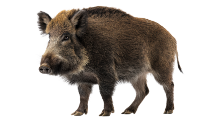 Wild Boar Standing Isolated on White Background Side View, cut out transparent