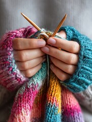 A detailed close-up of a person's hands crafting a vibrant, multicolored scarf with wooden knitting needles, a cozy hobby