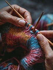 Close-up of experienced hands knitting with vibrant, multi-colored yarn and wooden needles, showing a cozy, handmade craft