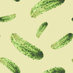 Prickly cucumber seamless pattern. Watercolor vegetable hand drawn illustration of crispy gherkin for pickled vegetarian food label, wallpaper, fabric design on isolated yellow green background.