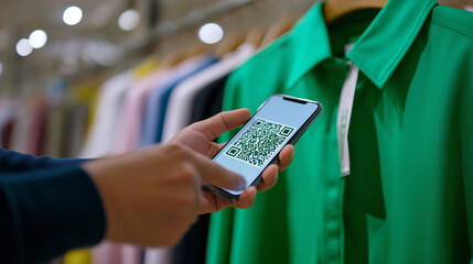 A person uses a smartphone to scan a QR code on a green shirt in a clothing store, representing modern retail, tech integration, and digital shopping.