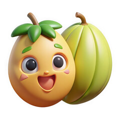 Cute cartoon yellow fruit character with green leaves smiling isolated on transparent background