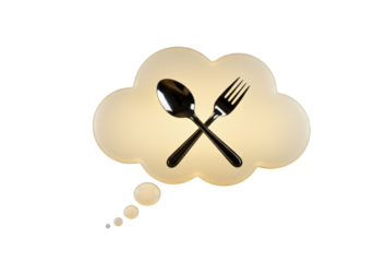 Isolated crossed spoon and fork on a thought bubble, food concept, restaurant