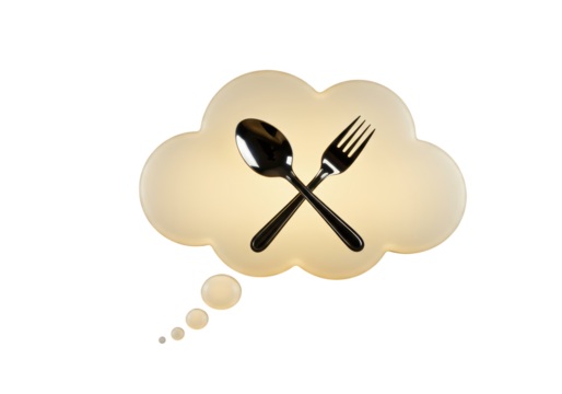 Isolated crossed spoon and fork on a thought bubble, food concept, restaurant