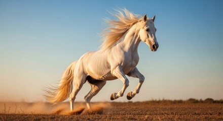 Majestic white horse galloping through dusty field at sunset