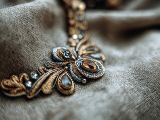 Detailed macro view of a luxurious, handcrafted embroidered jewelry piece with intricate golden beadwork and sparkling gemstones on a soft, textured fabric