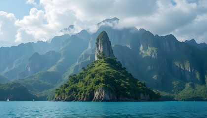 A serene tropical island set against a majestic backdrop of rugged mountains, with a crystal-clear turquoise lagoon gently lapping at its sun-kissed shores, and a few scattered palm trees swaying in t