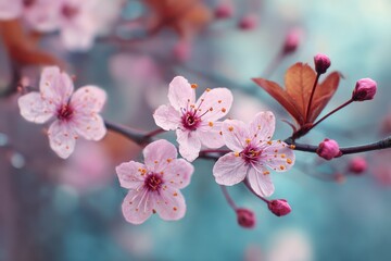 Obraz premium Cherry blossoms in full bloom showcasing bright pink petals against a serene backdrop of soft colors during the spring season