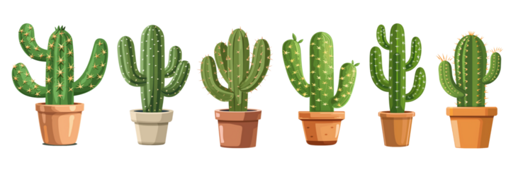 Set of Illustration of Cactus in Pot Isolated on Transparent Background. PNG. 