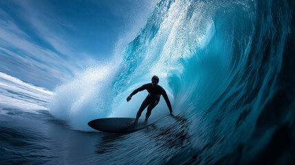 A surfer skillfully rides inside the barrel of a massive blue wave under a bright sky. The image captures the thrill, athleticism, and beauty of surfing in perfect ocean conditions.