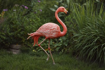 Fototapeta premium Realistic lawn flamingo standing amidst lush greenery in a vibrant garden during a sunny afternoon