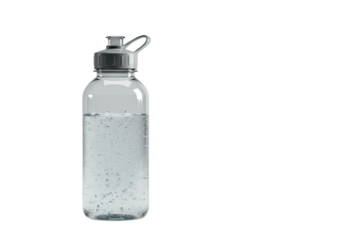 Isolated water bottle with bubbles, reusable, clear, gray lid, carrying loop design