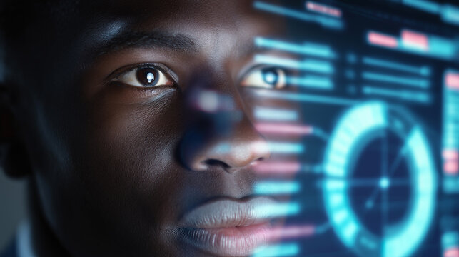 A young man intently observes a transparent futuristic interface or holographic display with digital data, suggesting technology, innovation, or cybersecurity.