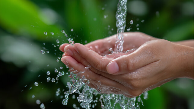 A pair of cupped hands catching flowing clean water, symbolizing purity, sustainability, and access to fresh water. The natural green background adds to the environmental and health-related theme.