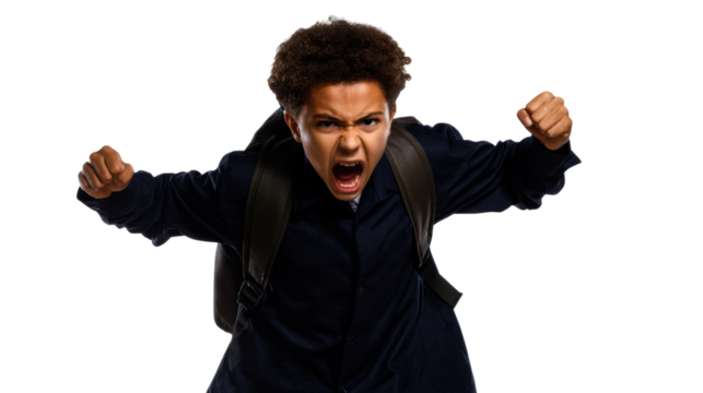 Angry Black Boy With Backpack Shouting and Clenching Fists Aggressively, cut out transparent