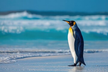 Obraz premium Majestic king penguin waddles towards the vibrant blue waters of the Atlantic Ocean during a bright, sunny day