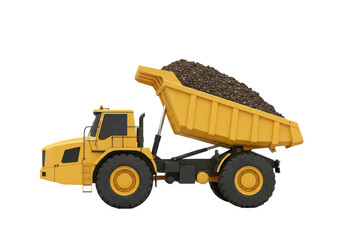 Isolated articulated dump truck full of dirt, industrial transportation machine