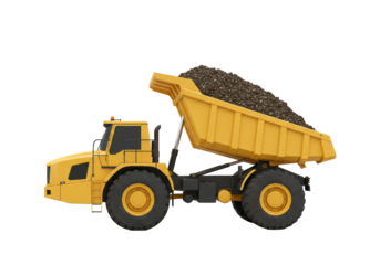 Isolated articulated dump truck full of dirt, industrial transportation machine