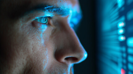 Close-up of a man's focused face as he examines digital data or a high-tech screen interface, symbolizing data science, artificial intelligence, or cybersecurity.