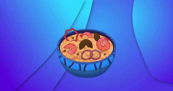 Clip starting blue-striped bowl rotating to showcase rice with shrimp and herbs against gradient