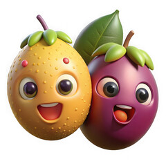 Two happy cartoon fruits with big eyes and smiles isolated on transparent background