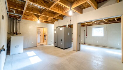 Spacious unfinished basement room with exposed wooden beams, concrete walls, and mechanical equipment