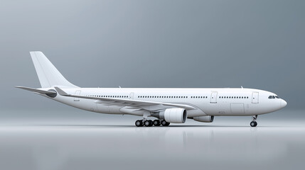 Obraz premium A sleek, modern commercial passenger airplane in a white livery stands in a studio-like setting with a plain gray background. The clean and minimal design highlights the aircraft’s aerodynamic shape a