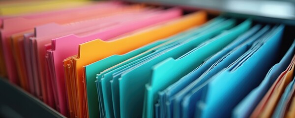 Organized file folders in vibrant pink, orange, teal, blue hues represent effective document management. System ensures data security, efficient retrieval, promoting organized workflow, compliance.