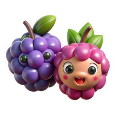 Cute cartoon grape and raspberry characters with happy faces isolated on transparent background