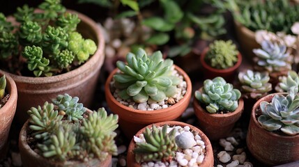 A beautiful close-up of a diverse collection of miniature succulent plants growing in small terracotta pots, a perfect indoor gardening hobby